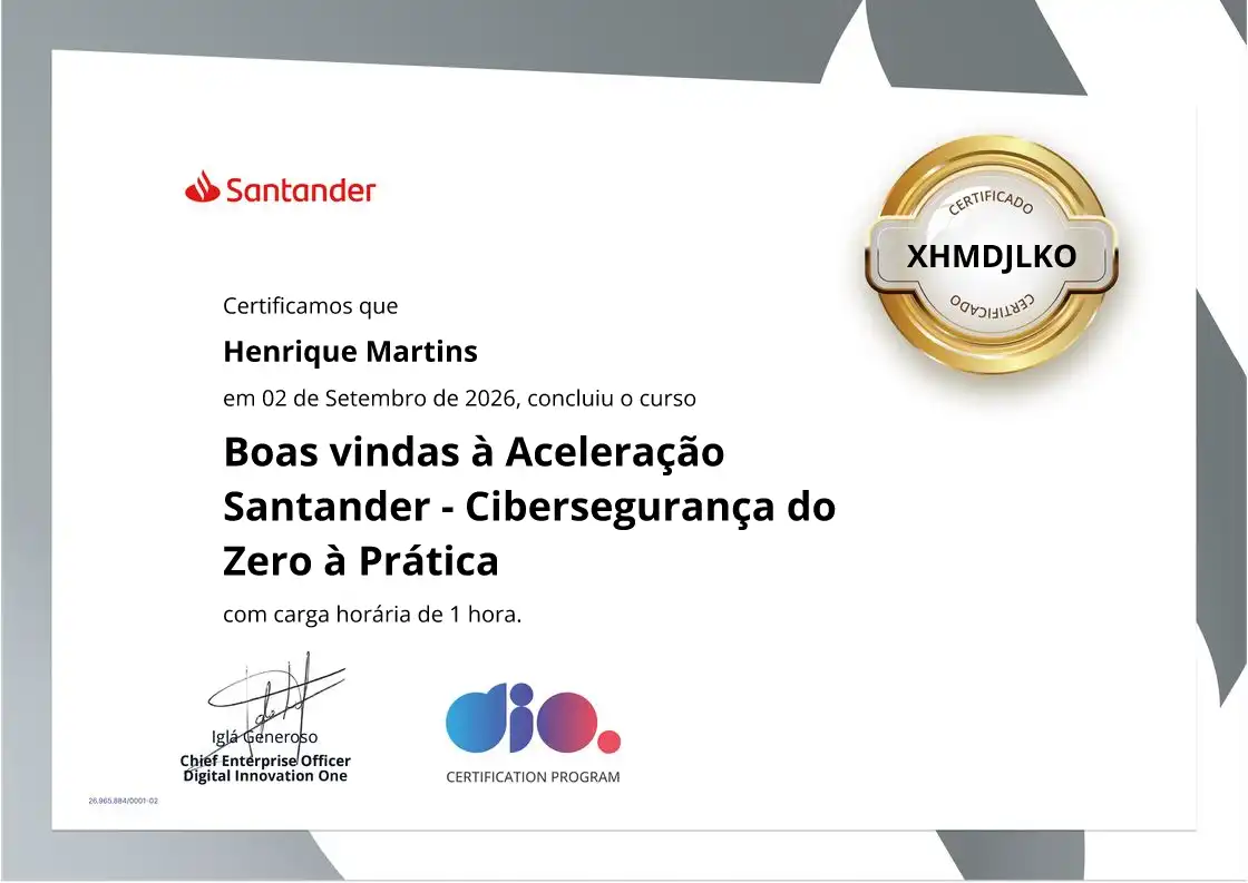 Certificado: Boas-vindas à Aceleração Santander — Cibersegurança do Zero à Prática