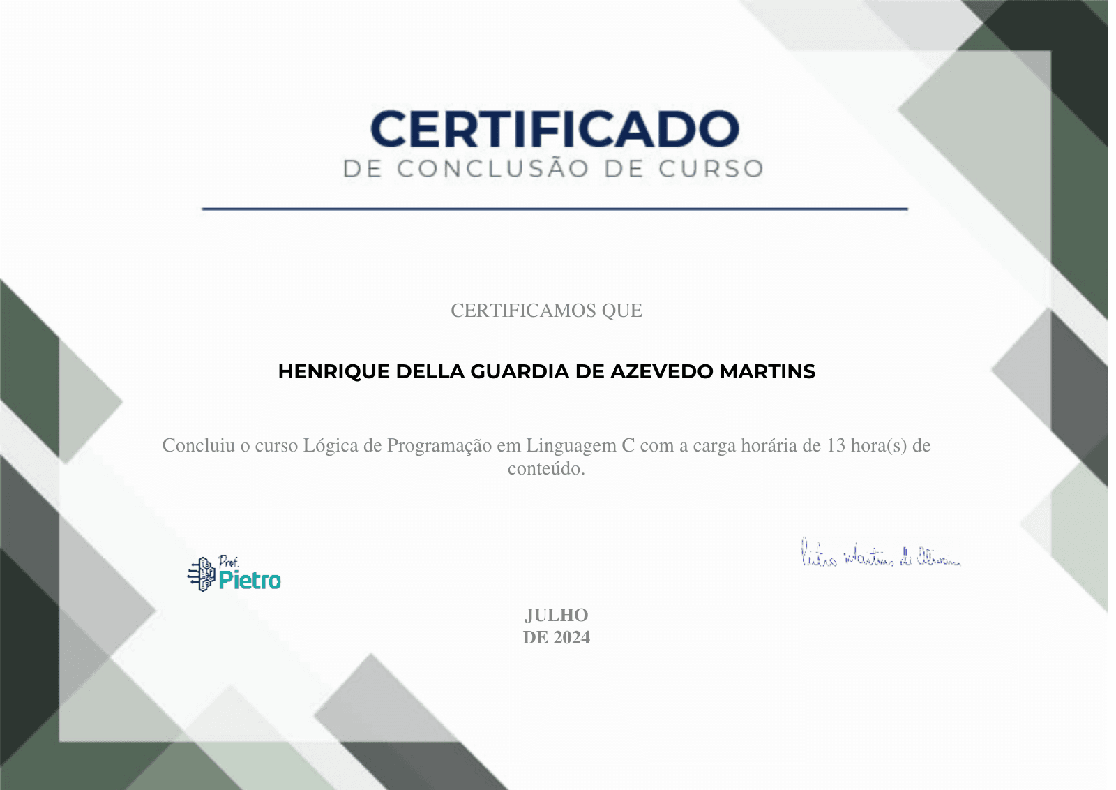 Certificado: Lógica de Programação em Linguagem C